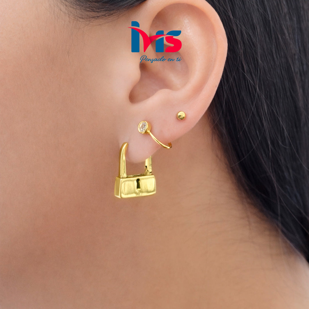Aretes Candado en Acero Quirúrgico 316L Enchapado en Oro 18K. Waterproof