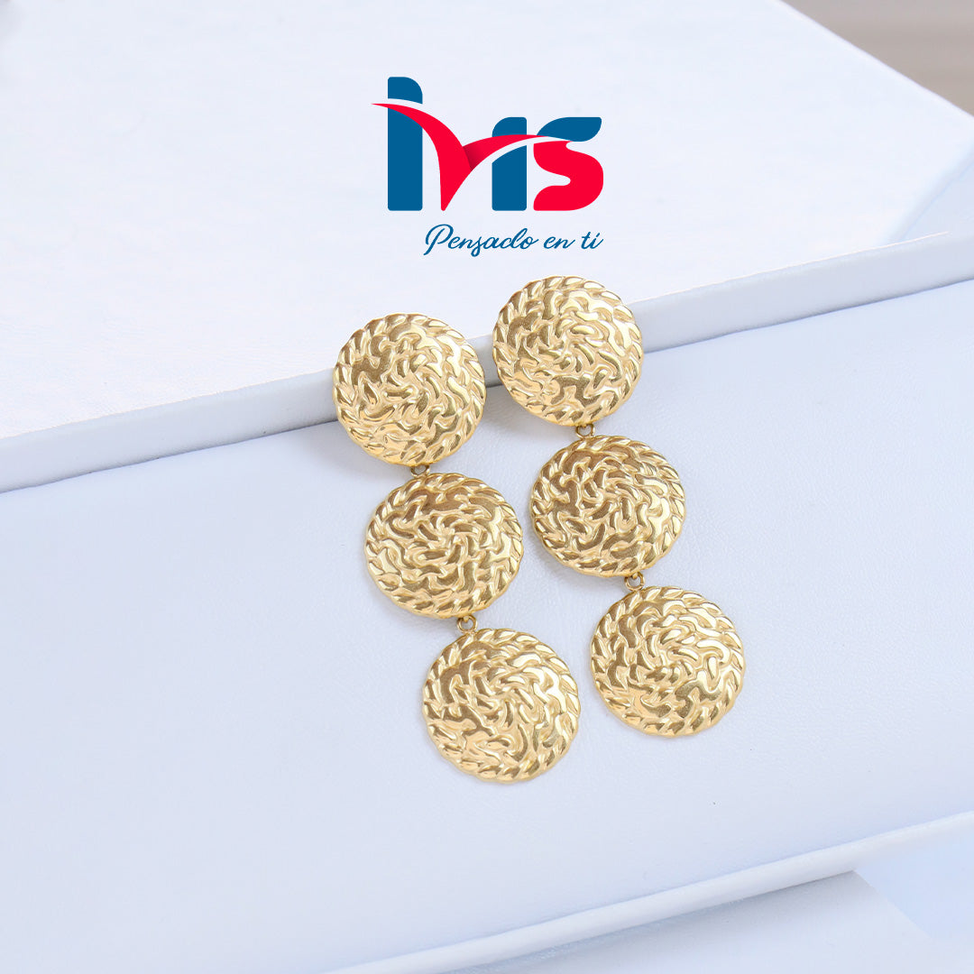 Aretes Colgantes de Acero Inoxidable 304 Waterproof – Diseño Circular Texturizado Dorado