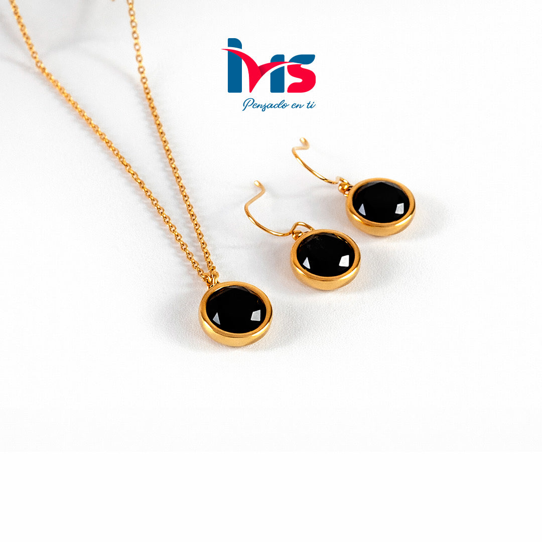✨ Set de Collar y Aretes con Piedra Negra – Acero Quirúrgico 316L Waterproof