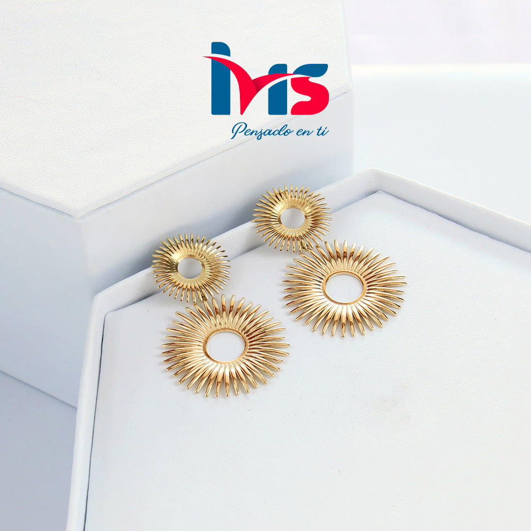 Aretes Colgantes de Acero Quirúrgico 316L Waterproof – Diseño Sol Radial Dorado