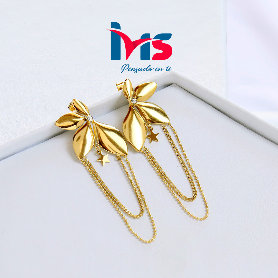 Aretes Colgantes de Acero Quirúrgico 316L Waterproof – Diseño Flor Dorada con Cadenas y Estrella.