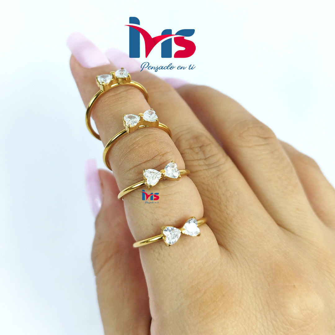 Anillo Doble Corazón Elegance de Acero 316L Premium, Enchapado en Oro con Recubrimiento PVD