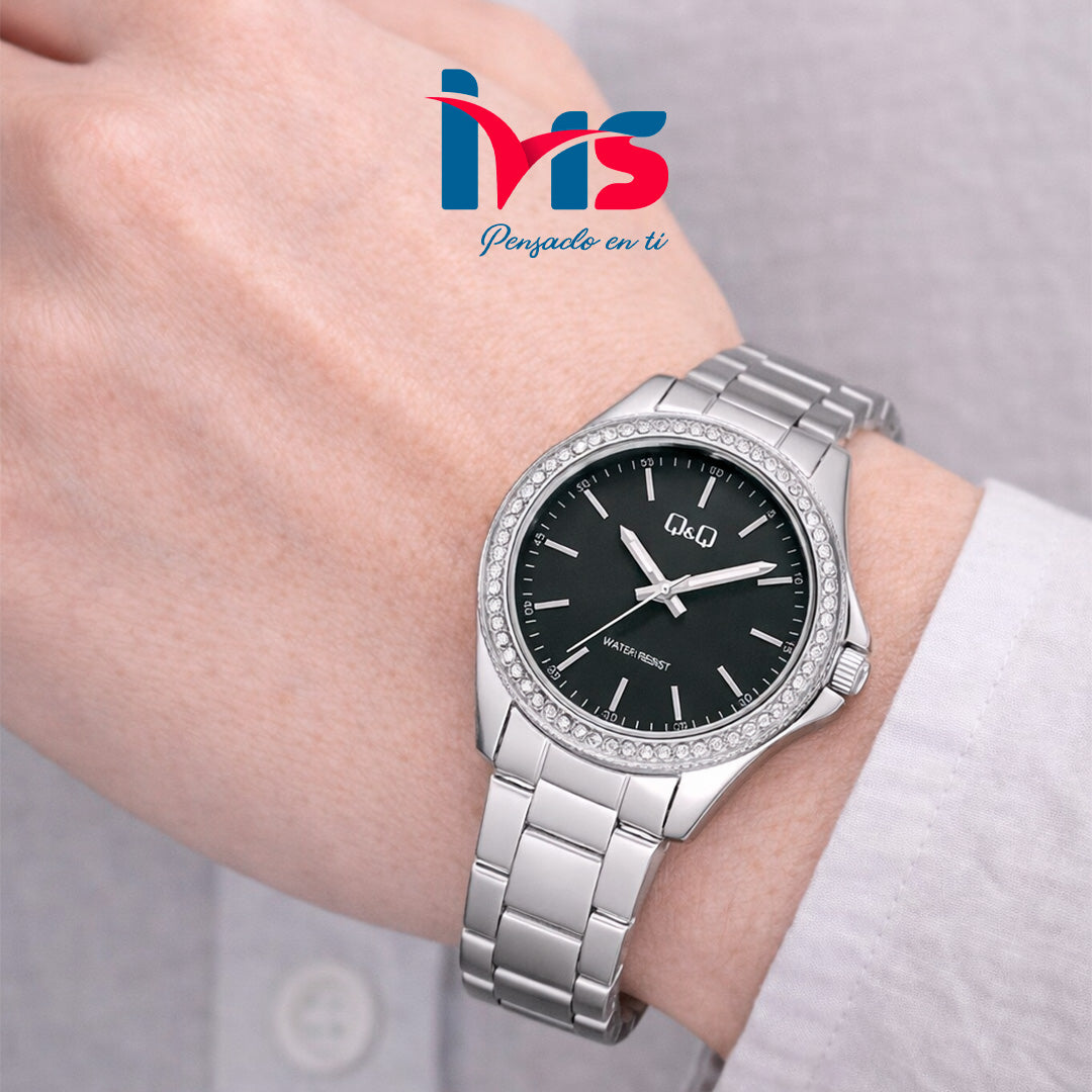 ⌚ Reloj Q&Q C226J202Y para Mujer – Plateado con Esfera Negra y Bisel Brillante