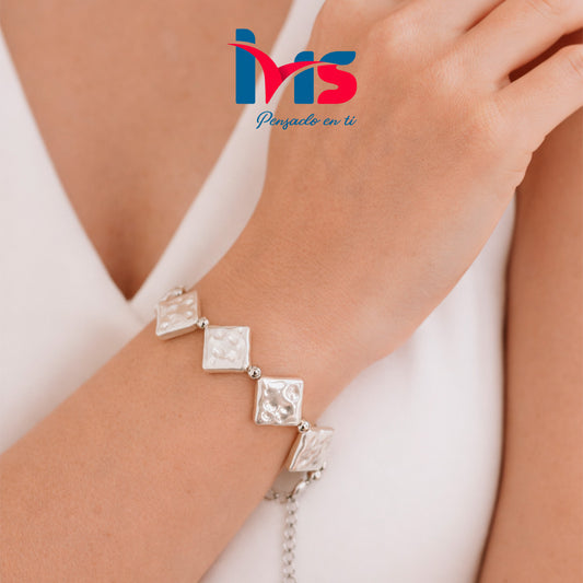 ✨ Pulsera de Acero Quirúrgico con Perlas Placas Texturizadas – Diseño Elegante y Atemporal