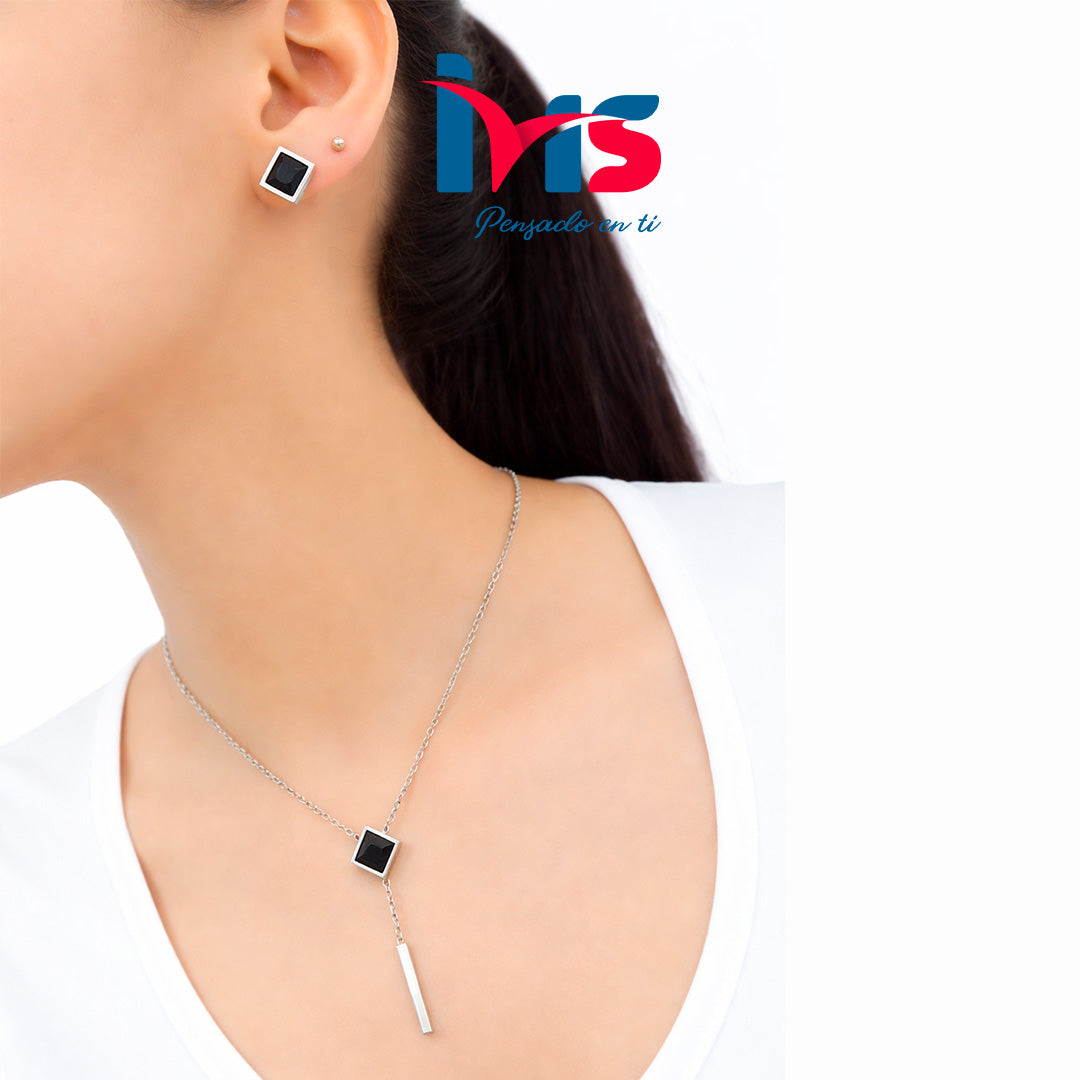 Set de Collar y Aretes Geométricos con Piedra Negra en Acero Inoxidable