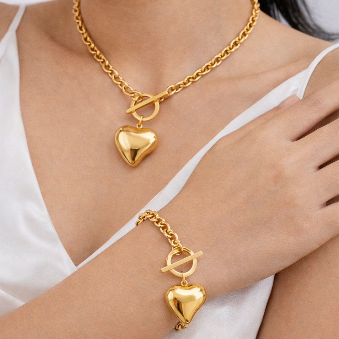 ✨ Set de Pulsera y Collar de Acero Quirúrgico Waterproof – Diseño Corazón Elegante