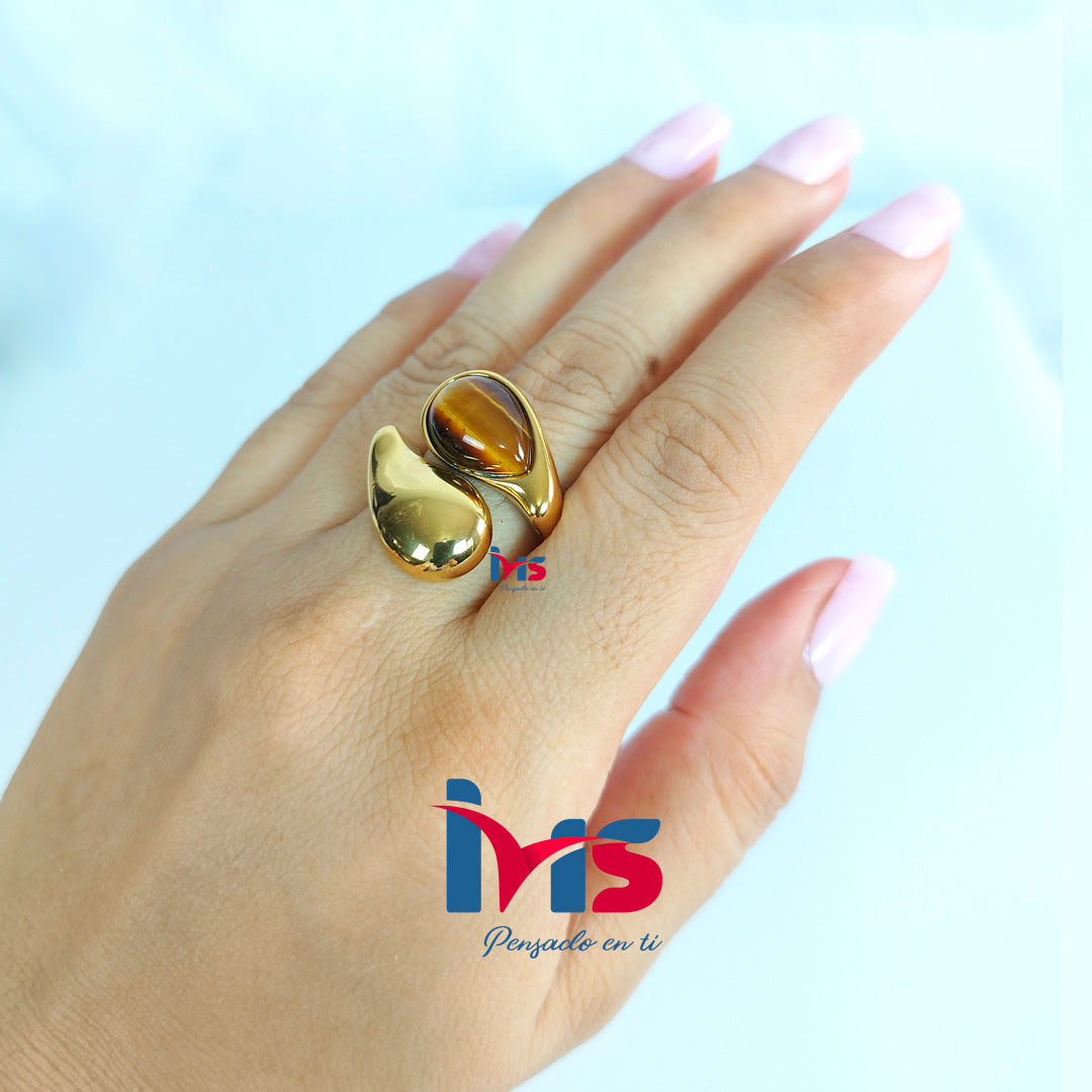 Anillo Ámbar Elegance de Acero 316L Premium, Enchapado en Oro con Recubrimiento PVD