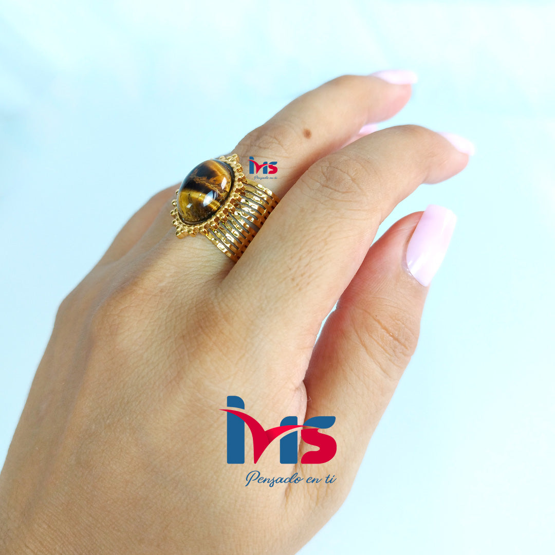 Anillo Ojo de Tigre Elegance de Acero 316L Premium, Enchapado en Oro con Recubrimiento PVD