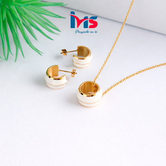 ✨ Set Collar y Aretes Circulares Blanco & Dorado – Acero Quirúrgico 316L Waterproof✨