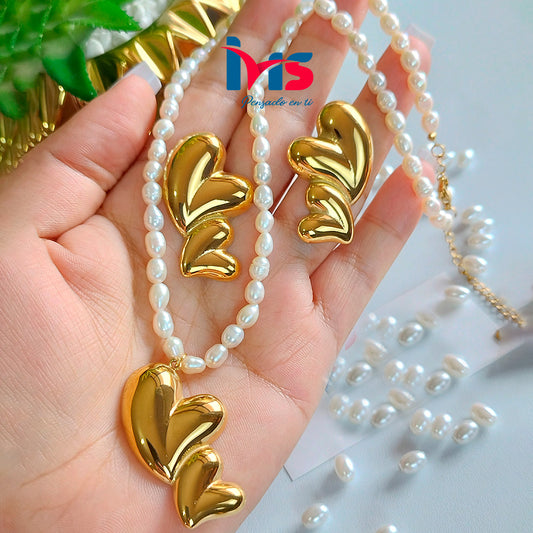 ✨ Set de Collar y Aretes Corazones con Perlas Naturales ✨  Acero Quirúrgico 316L Waterproof