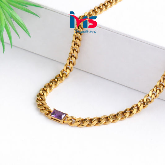 🔗 Collar de Cadena Cubana con Piedra Amatista.
