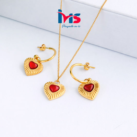 Set de Collar y Aretes Corazón con Piedra Roja  Acero Quirúrgico 316L – Waterproof.