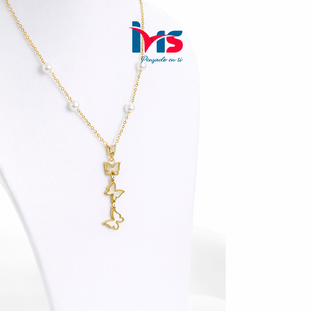 🦋 Collar Mariposas con Perlas en Acero Inoxidable 304.