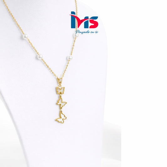 🦋 Collar Mariposas con Perlas en Acero Inoxidable 304.