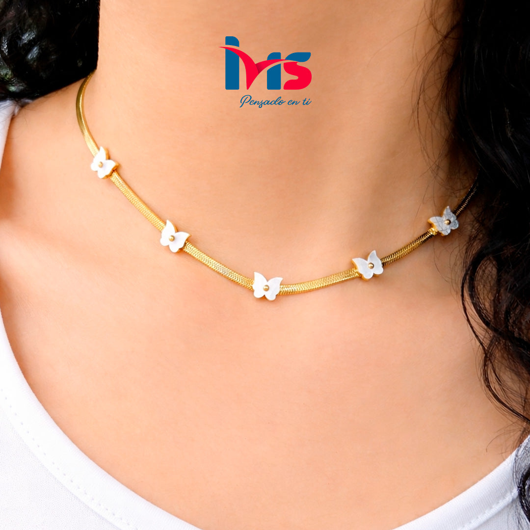 🦋 Collar Choker Mariposas con Detalle Nacarado en Acero Inoxidable 304.