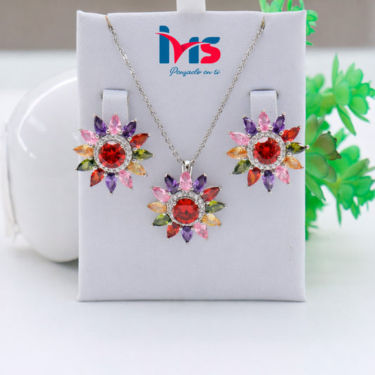 🌸 Set Collar y Aretes Floral Multicolor – Elegancia y Brillo.