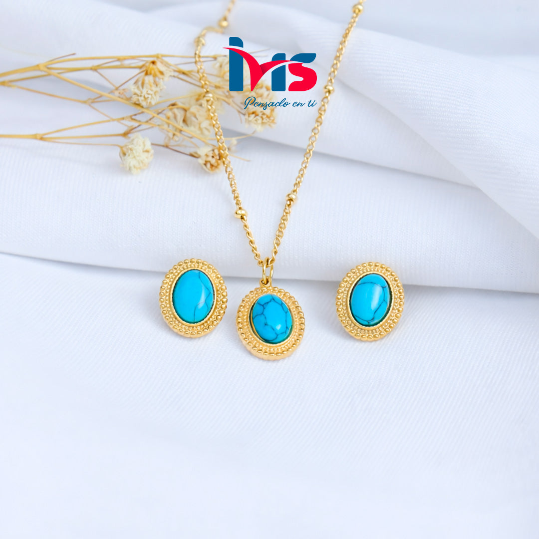 ✨ Juego de Collar y Aretes Turquesa Oval – Acabado Dorado - Acero Quirúrgico 316L Waterproof
