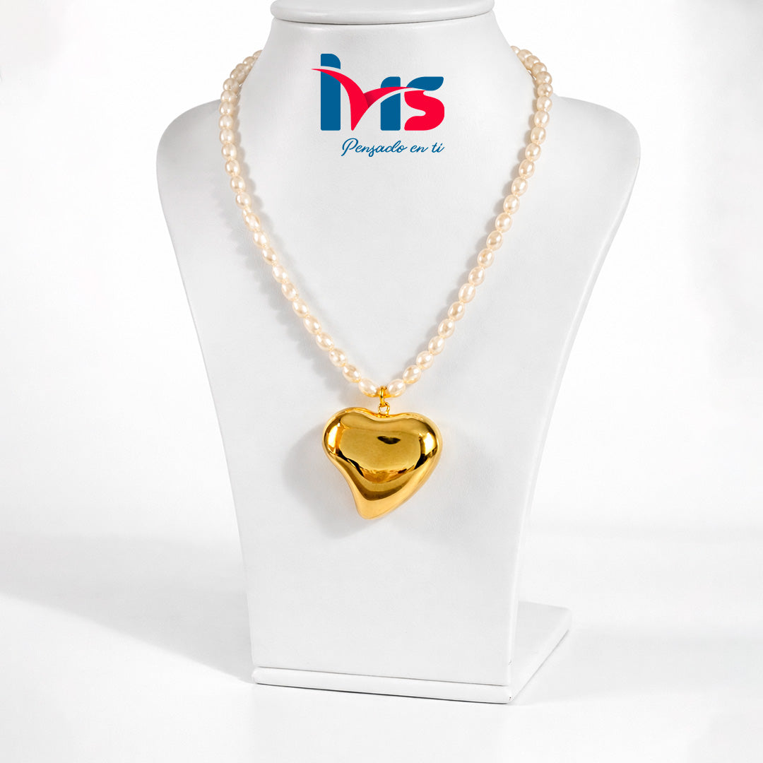 ✨ Collar de Perlas Naturales con Dije Corazón – Acero Quirúrgico 316L Waterproof.