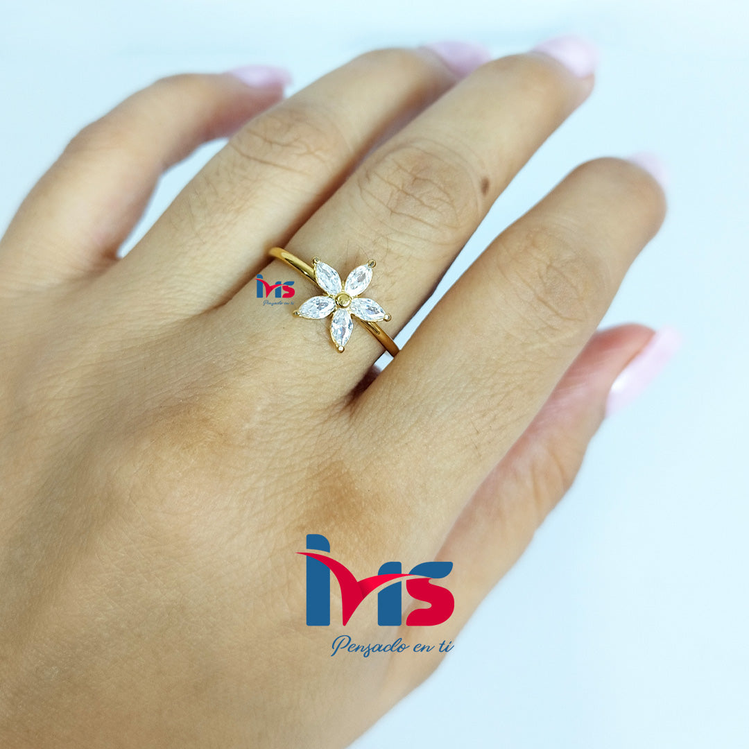 Anillo Flor Brillante de Acero 316L Premium, Enchapado en Oro con Recubrimiento PVD