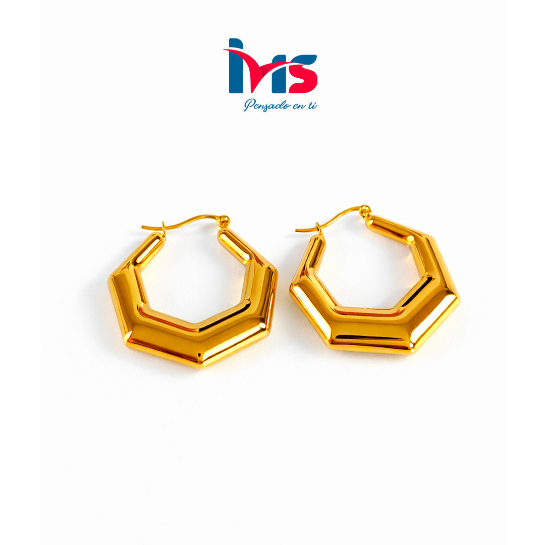 Aretes Hexagonales Dorados – Diseño Geométrico Elegante.