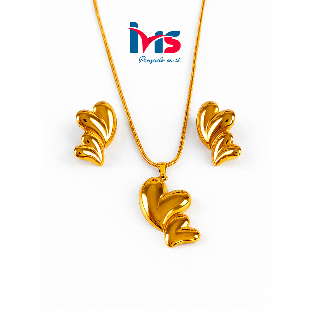 Set Collar y Aretes Corazón Doble Dorado – Acero Quirúrgico 316L Waterproof.