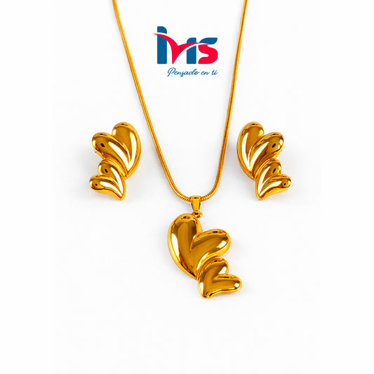Set Collar y Aretes Corazón Doble Dorado – Acero Quirúrgico 316L Waterproof.