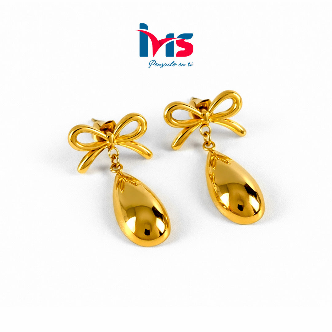 Aretes Premium de Acero Quirúrgico 316L Waterproof con Diseño de Lazo y Gota Dorada