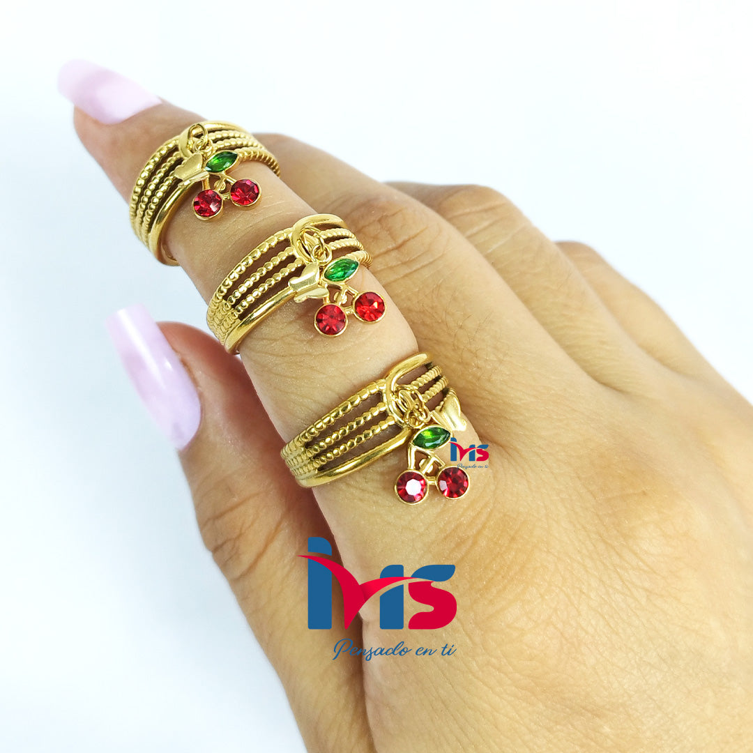 Anillo Cereza Ajustable | Acero 316L Premium, Enchapado en Oro y Recubrimiento PVD
