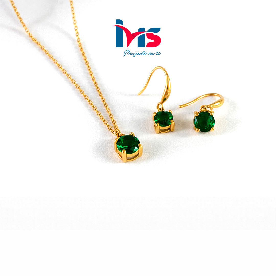 Set de Collar y Aretes con Piedra Verde – Acero Quirúrgico 316L Waterproof