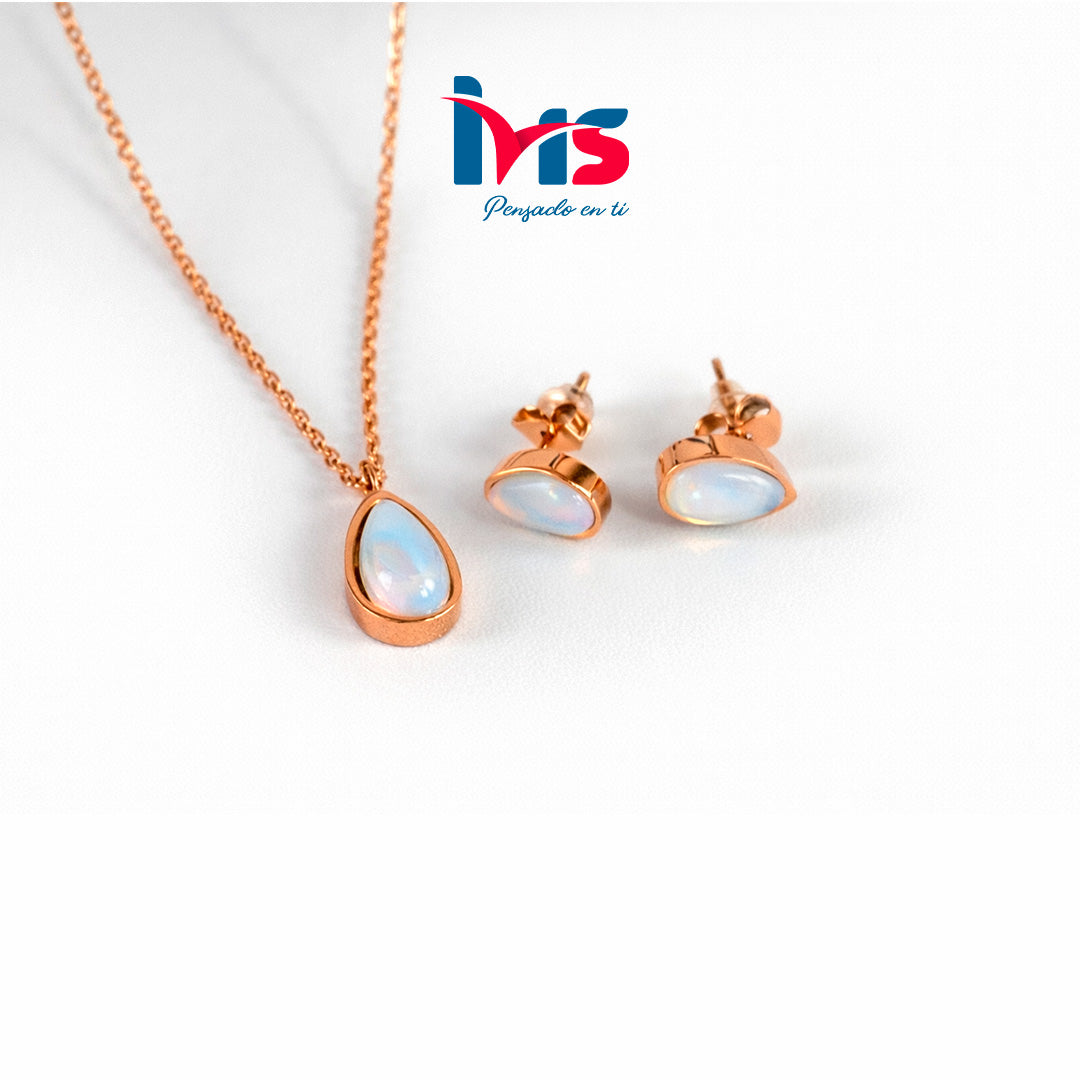Set de Collar y Aretes con Piedra Opalescente - Acero Quirúrgico 316L Waterproof