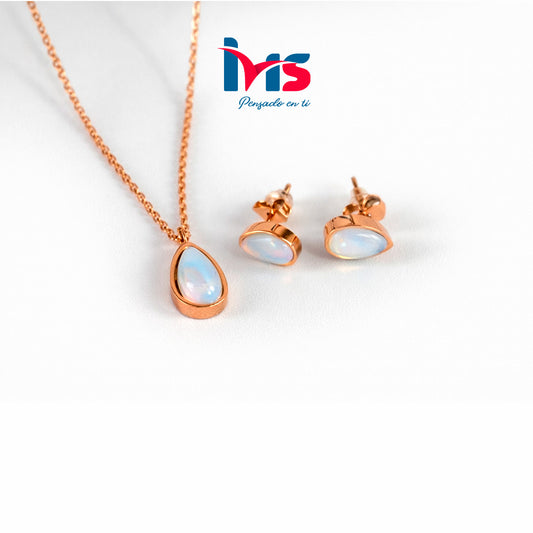 Set de Collar y Aretes con Piedra Opalescente - Acero Quirúrgico 316L Waterproof