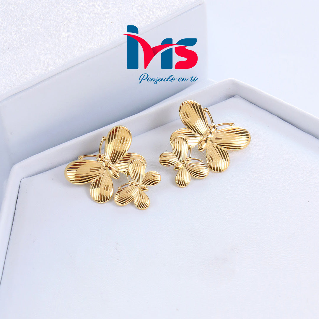 Aretes de Acero Quirúrgico 316L Waterproof – Diseño Mariposa Doble Dorada