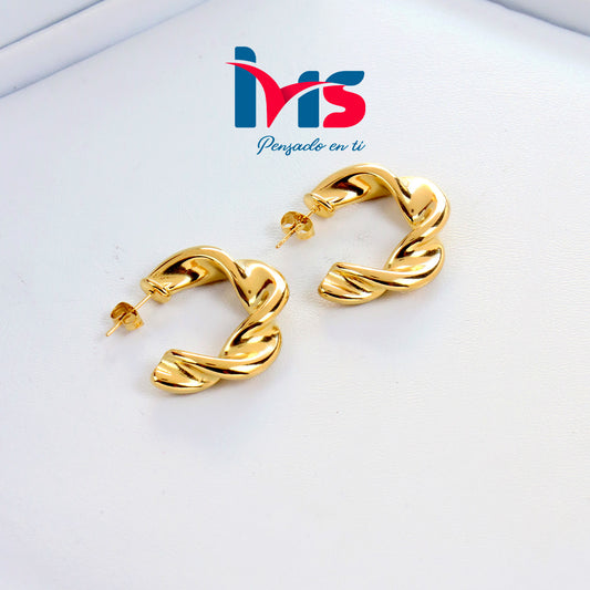 Aretes Tipo Argolla de Acero Quirúrgico 316L Waterproof – Diseño Trenzado Dorado