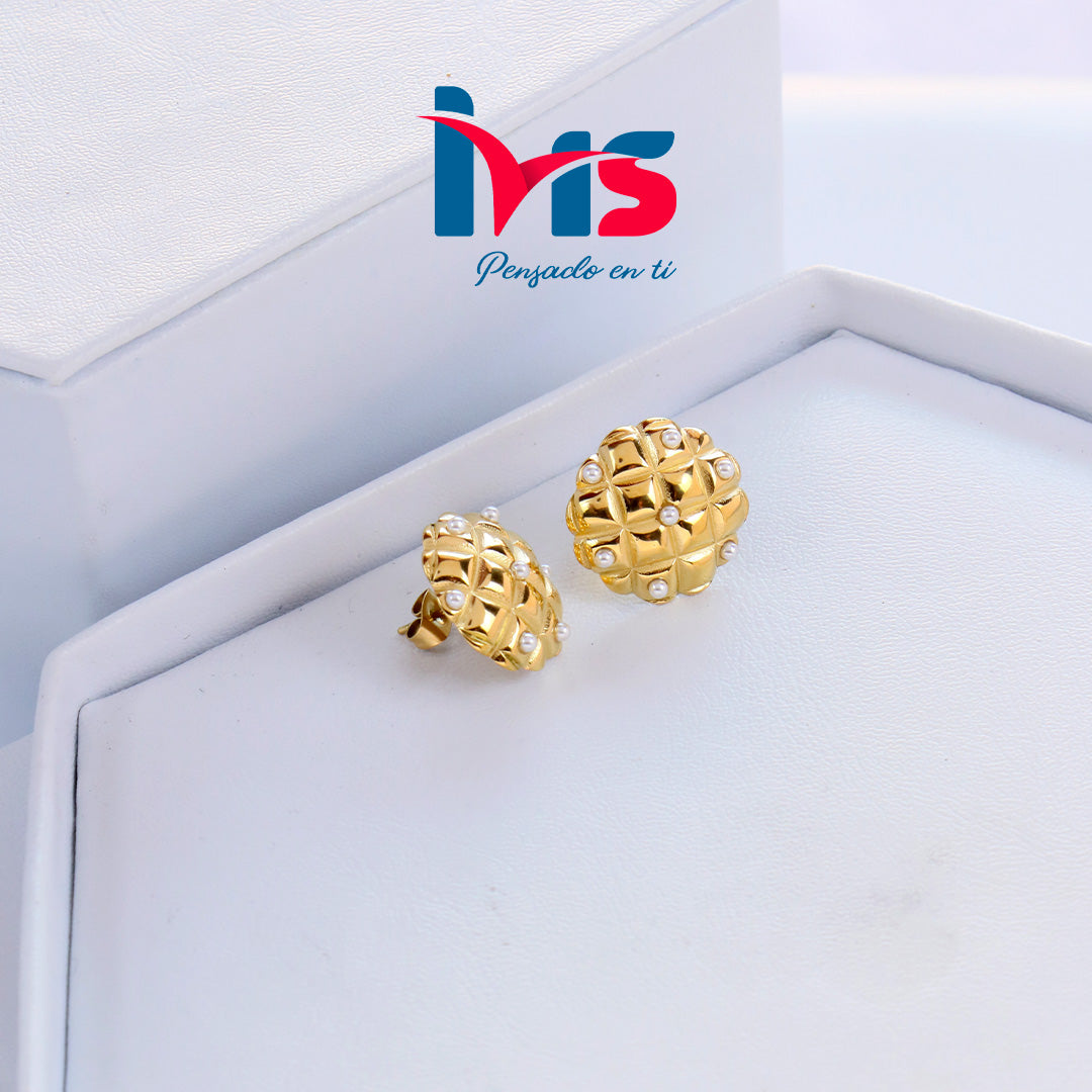 Aretes de Acero Quirúrgico 316L Waterproof – Diseño Geométrico - Dorado con Perlas