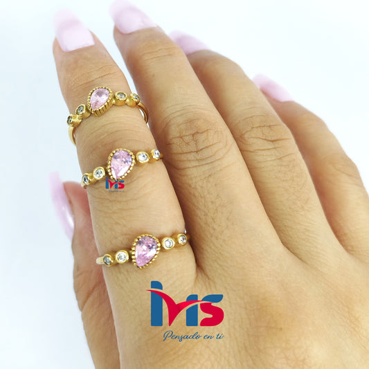 Anillo Gota Rosa Ajustable | Acero 316L Premium, Enchapado en Oro y Recubrimiento PVD