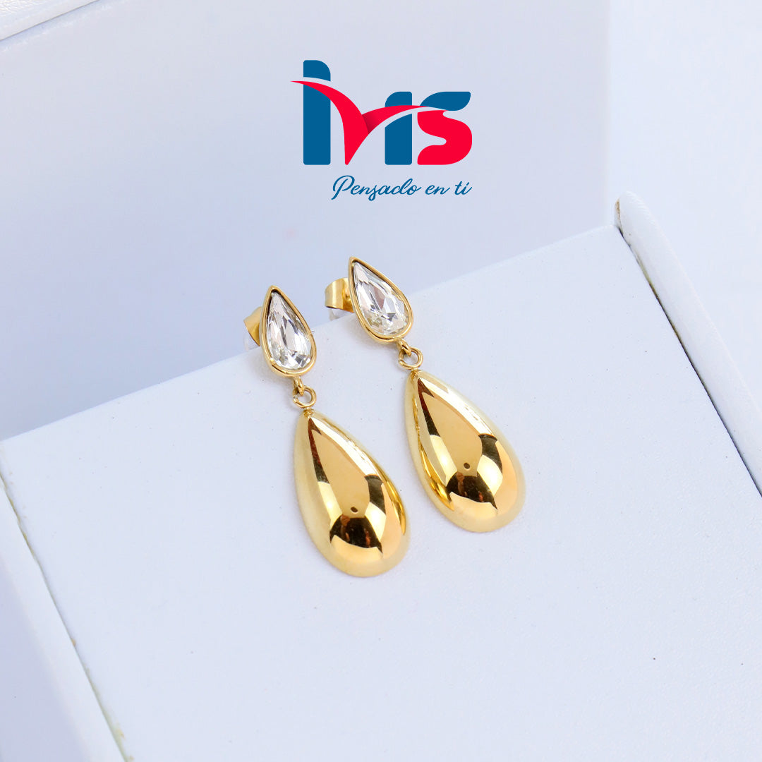 Aretes Colgantes de Acero Quirúrgico 316L Waterproof – Gota Dorada con Cristal.