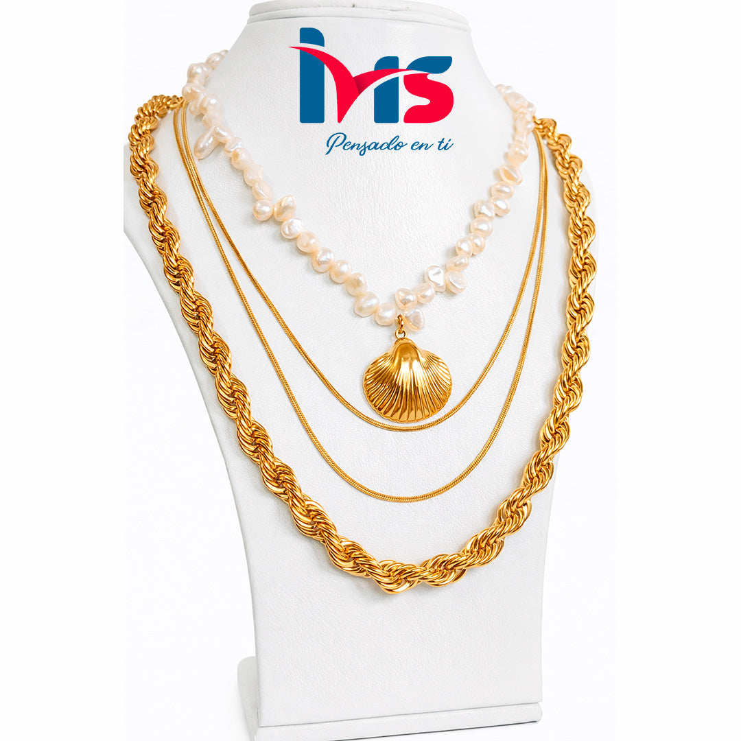 ✨ Collar Multicapa con Perlas Naturales en Acero Quirúrgico 316L Waterproof