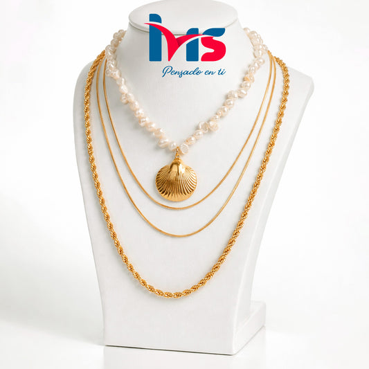 Collar Multicapa con Perlas Naturales – Acero Quirúrgico 316L Waterproof