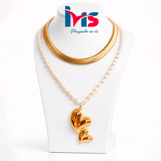 Collar Doble con Perlas Naturales y Colgante Corazones – Acero Quirúrgico 316L Waterproof