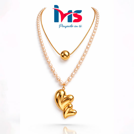 Collar Doble de Perlas Naturales con Corazones Dorados | Acero Quirúrgico 316L Hipoalergénico Waterproof