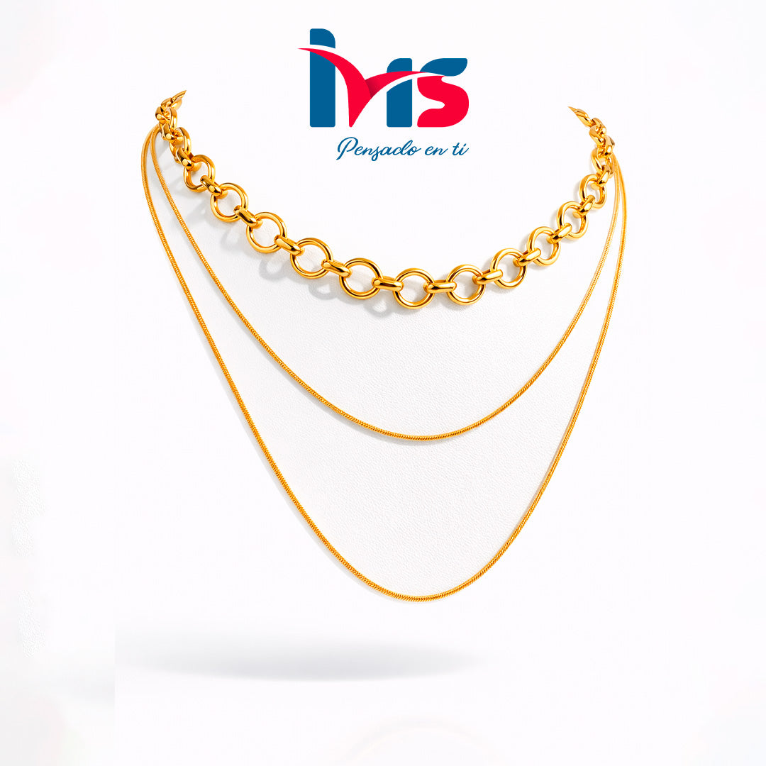 Collar Doble Dorado de Eslabones y Cadena Fina – Acero Quirúrgico 316L Waterproof