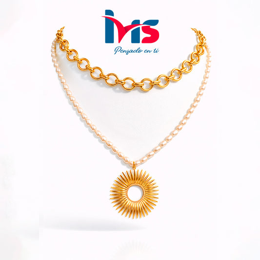 Collar Doble Dorado con Perlas Naturales y Colgante Sol – Acero Quirúrgico 316L Waterproof