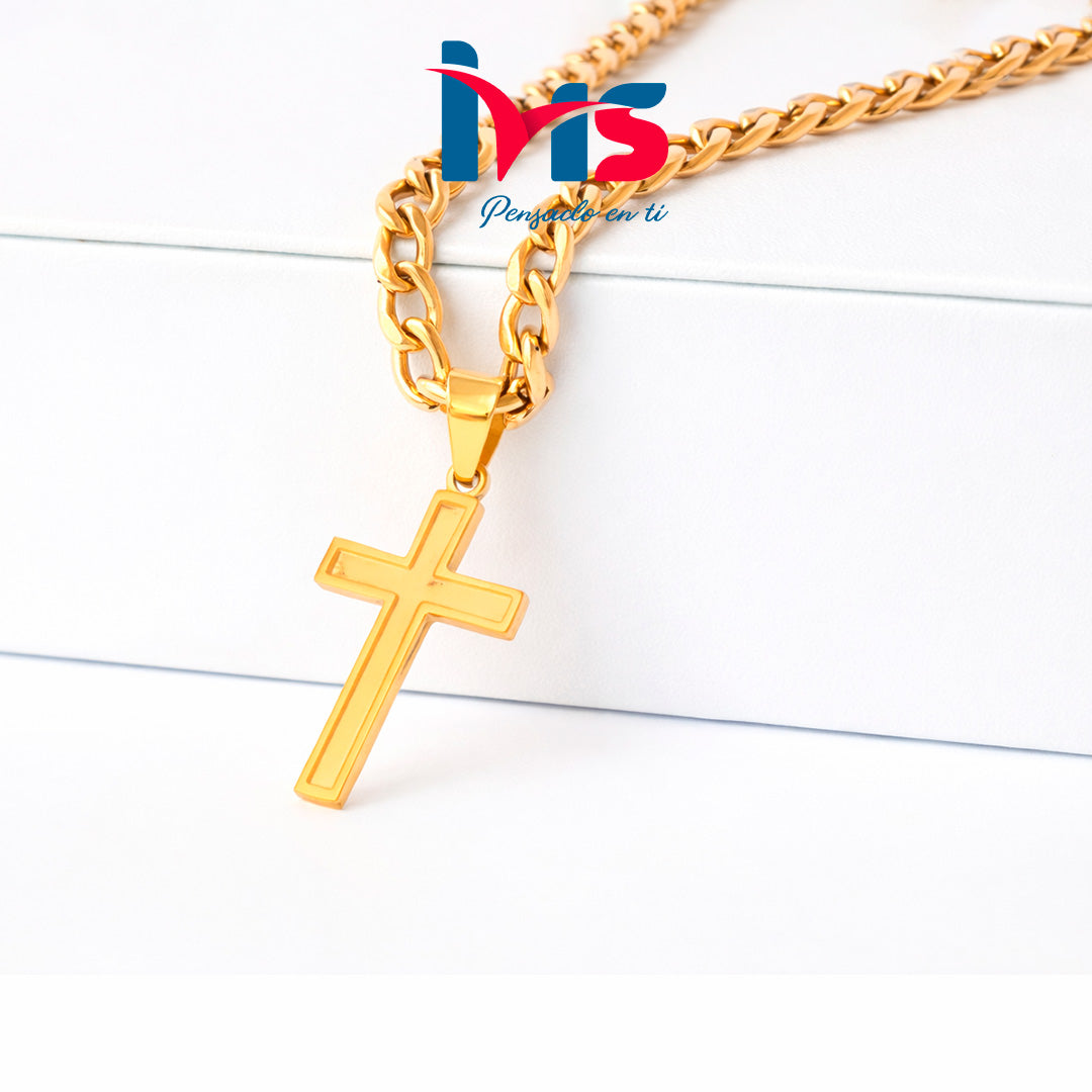 Cadena con Cruz en Acero Inoxidable 304 Enchapada en Oro