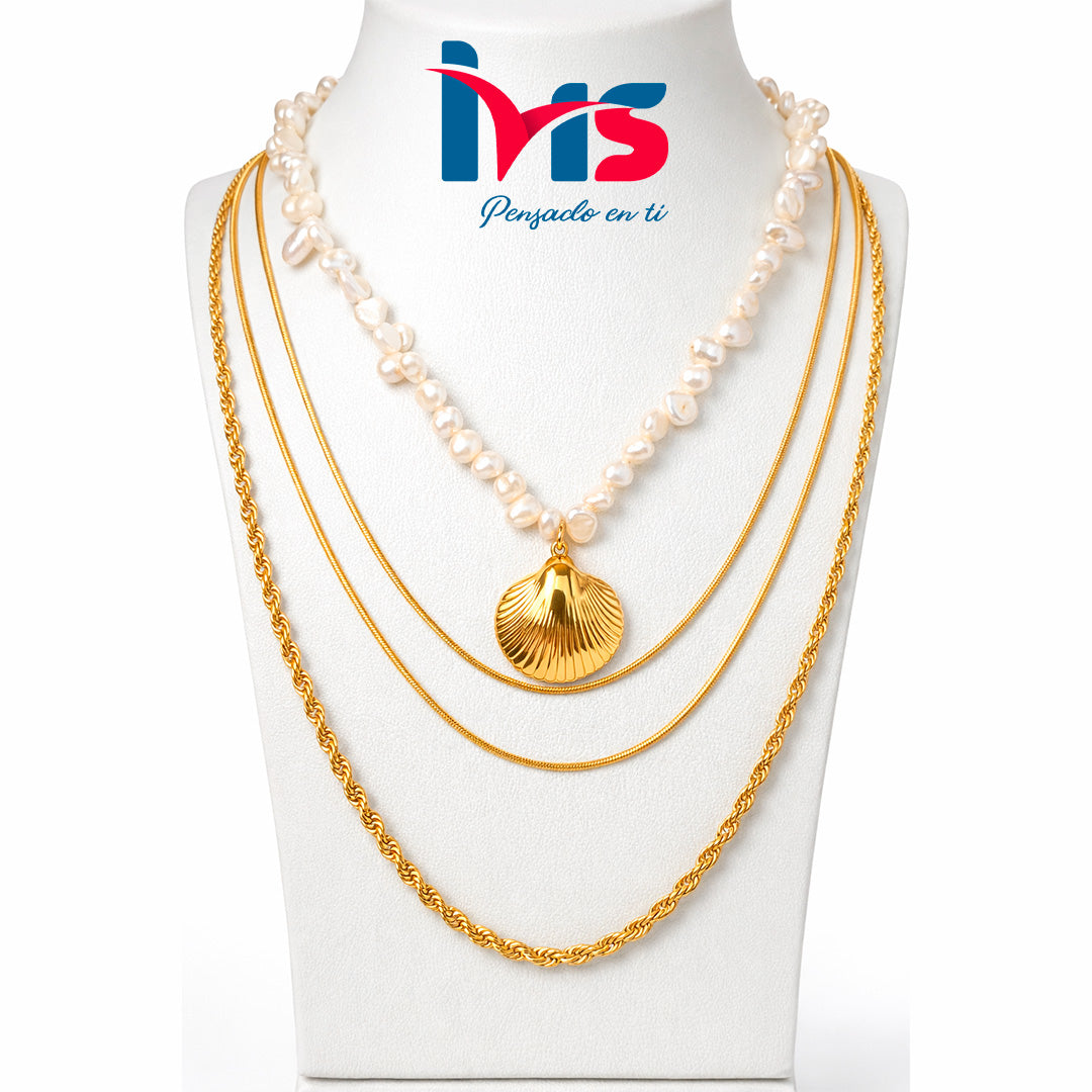Collar Multicapa con Perlas Naturales y Dije de Concha – Acero Quirúrgico 316L Waterproof