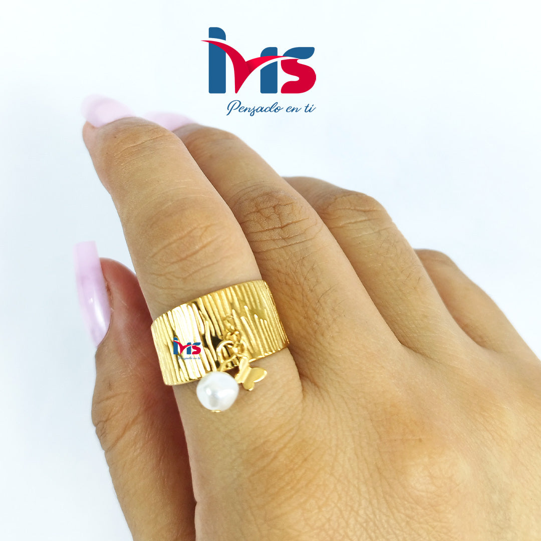 Anillo Texturizado con Perla y Mariposa Ajustable | Acero 316L Premium, Enchapado en Oro y Recubrimiento PVD