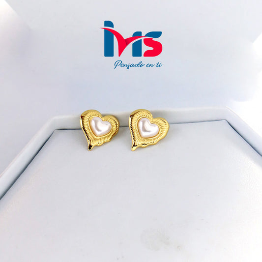Aretes de Acero Inoxidable 304 Waterproof – Corazón Dorado con Perla.