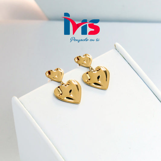 Aretes de Acero Quirúrgico 316L Waterproof – Corazones Colgantes Dorados.