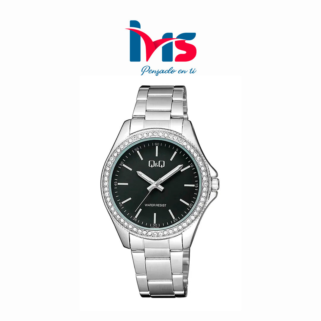 ⌚ Reloj Q&Q C226J202Y para Mujer – Plateado con Esfera Negra y Bisel Brillante