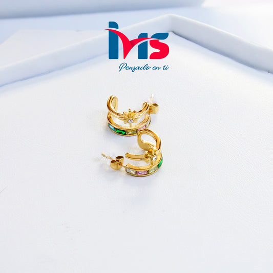 Aretes Dorados Acero Quirúrgico 316L Waterproof - con Cristales Multicolor.