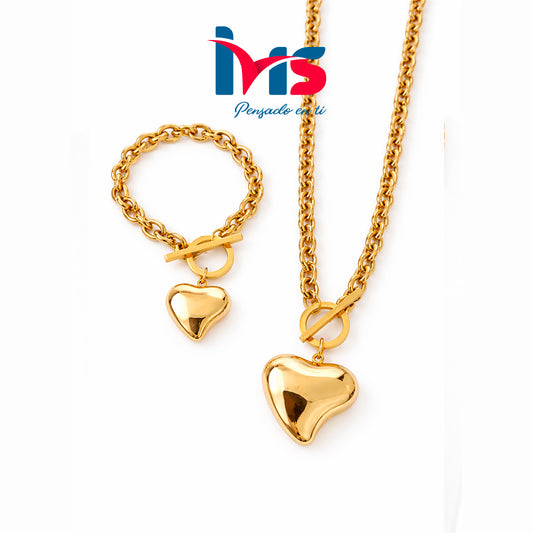 ✨ Set de Pulsera y Collar de Acero Quirúrgico Waterproof – Diseño Corazón Elegante
